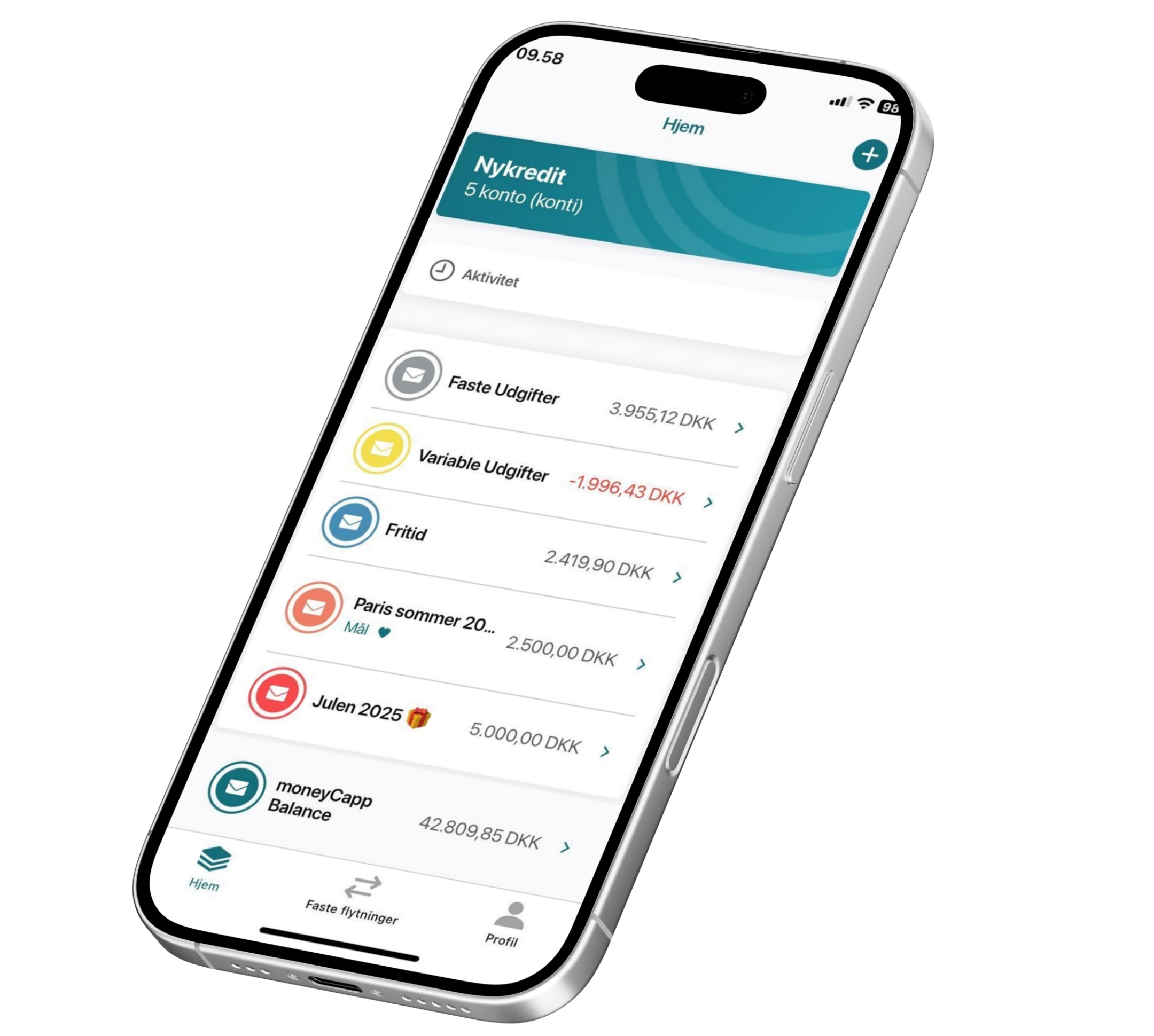Screenshots of the moneyCapp app with envelopes and goals